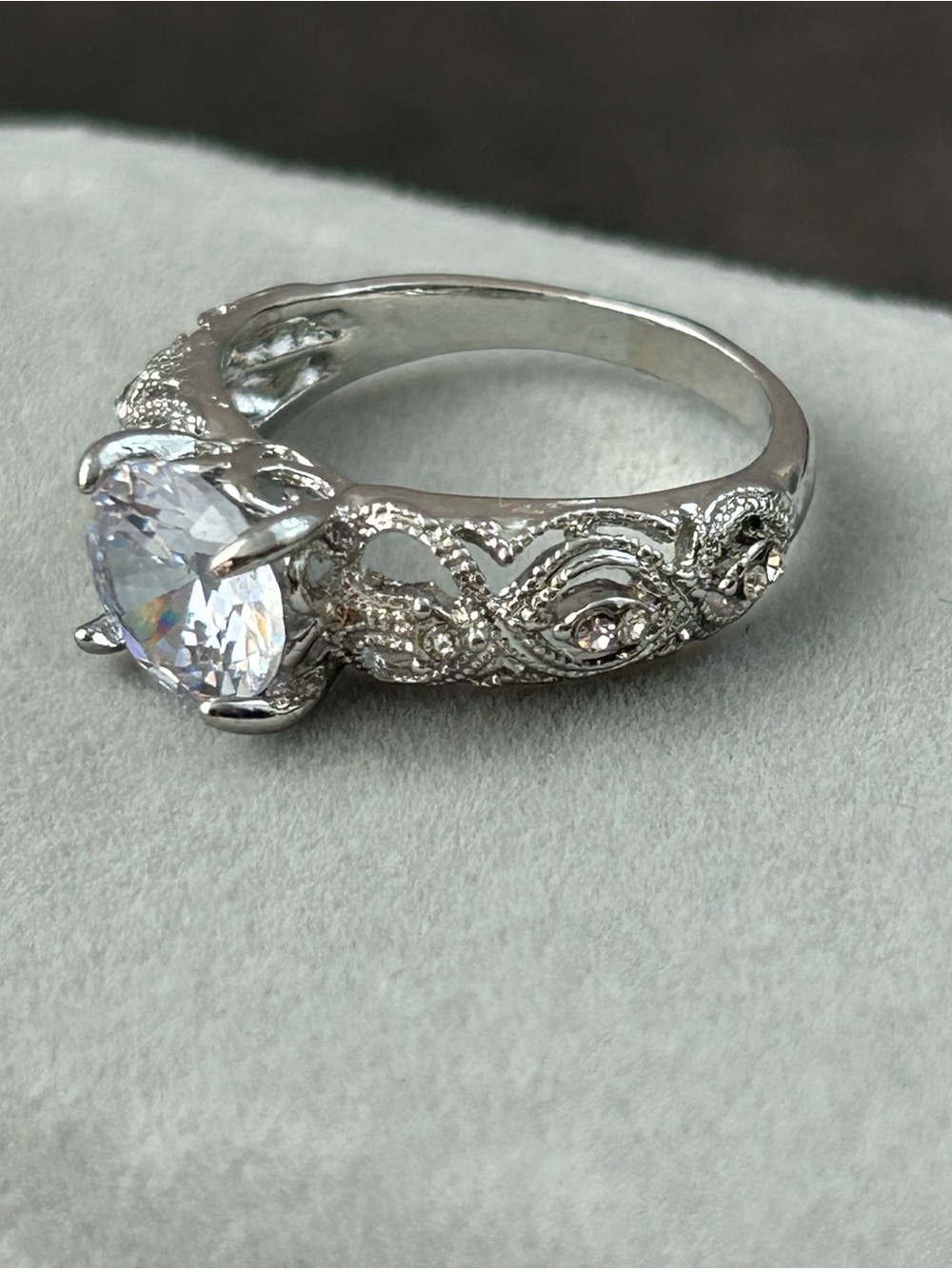 Silver-Tone Filigree Solitaire Fashion Ring